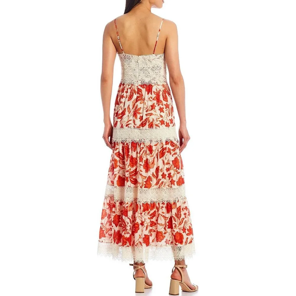 NWT Antonio Melani Red Orange and Ivory Floral Maxi Dress with Lace Size 2 - Picture 4 of 9